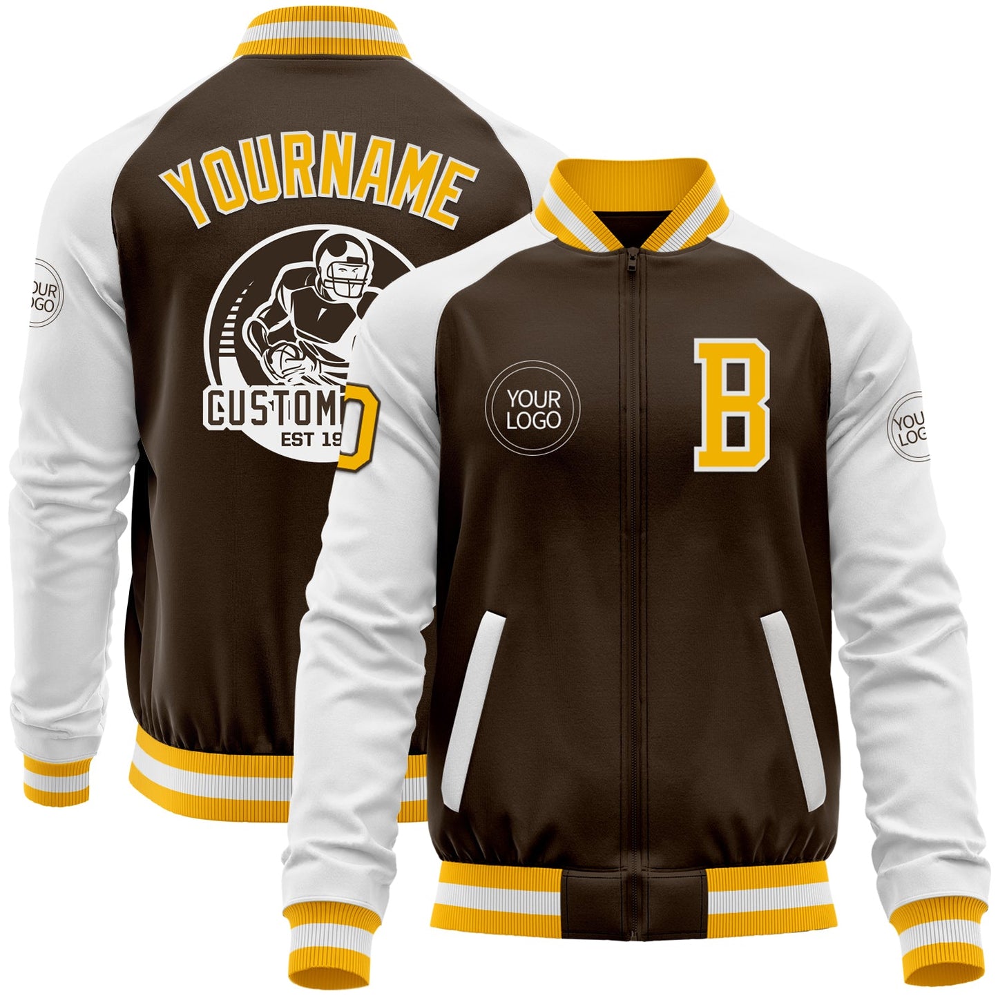Custom Brown Gold-White Bomber Varsity Letterman Two Tone Zipper Jacket - Main View