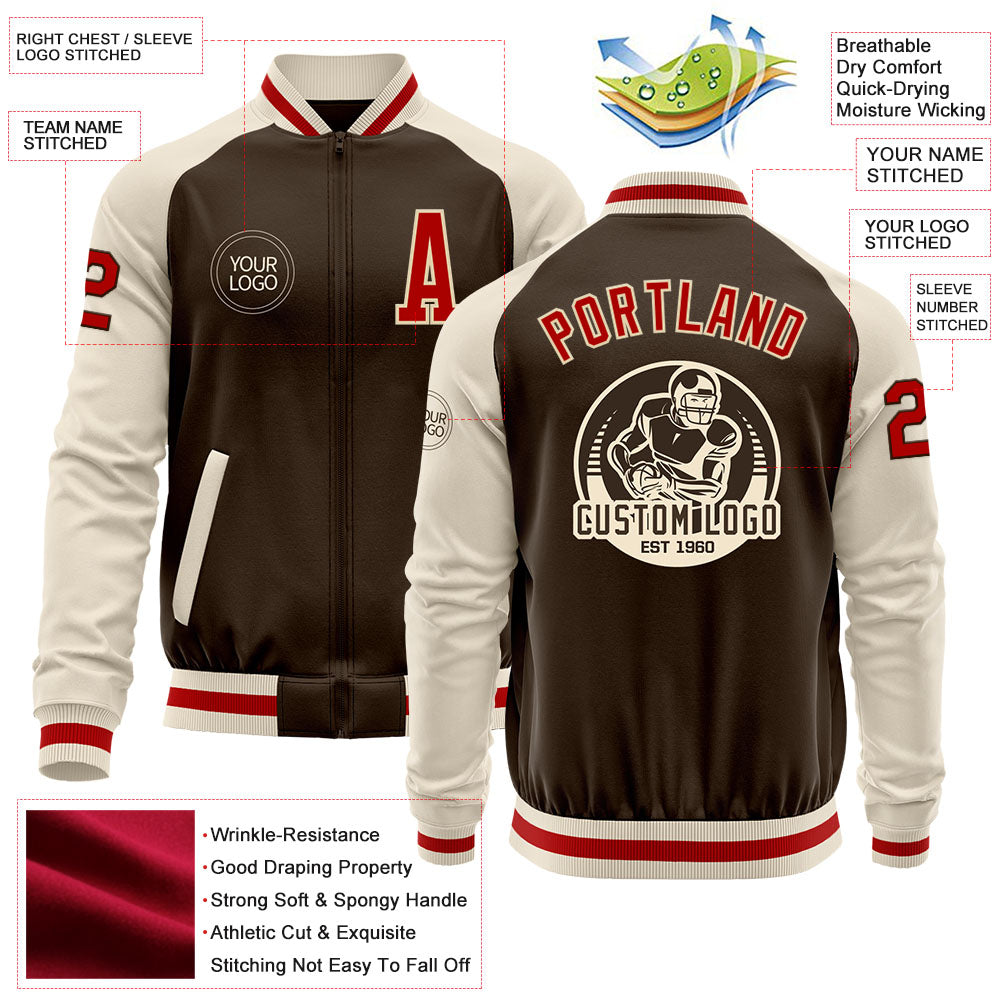 Custom Brown Red-Cream Bomber Varsity Letterman Two Tone Zipper Jacket view 4
