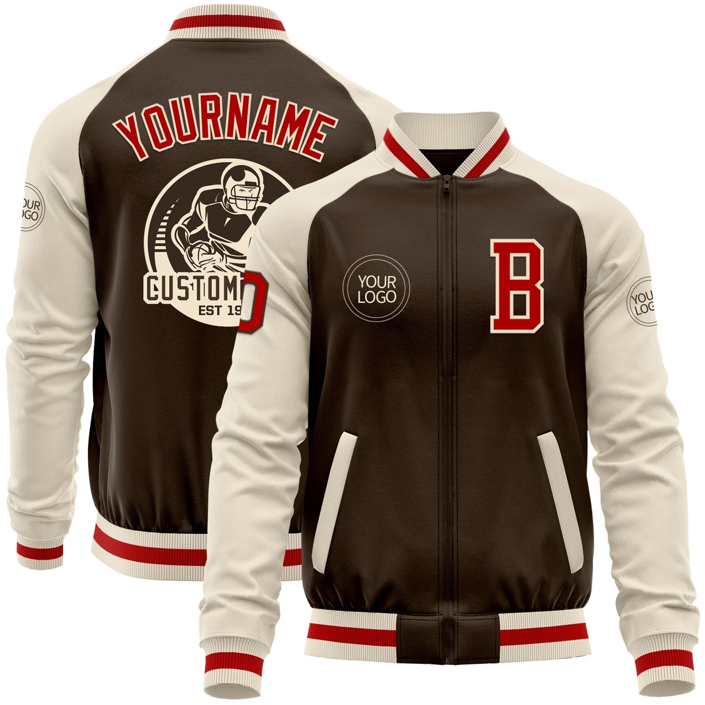Custom Brown Red-Cream Bomber Varsity Letterman Two Tone Zipper Jacket - Main View