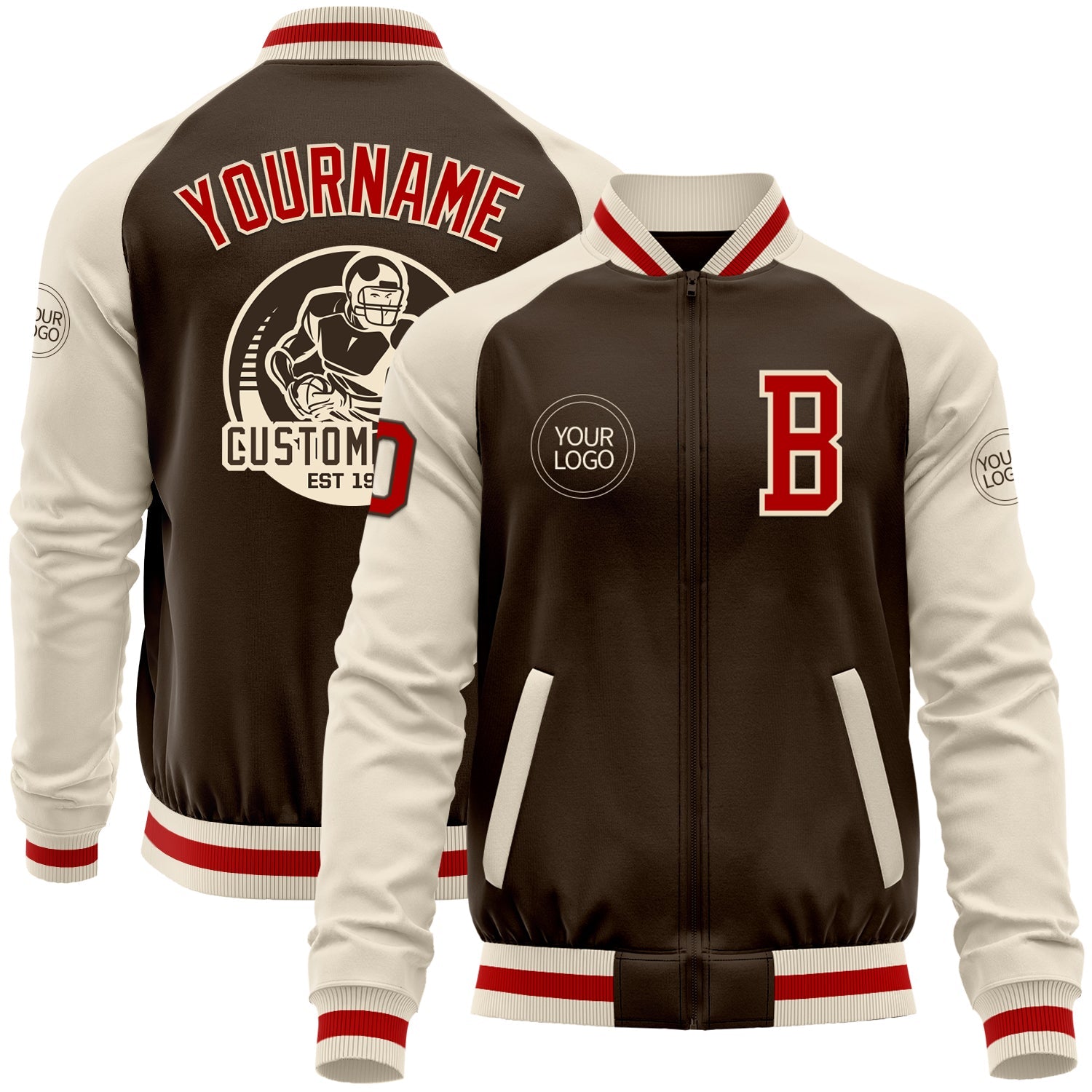 Custom Brown Red-Cream Bomber Varsity Letterman Two Tone Zipper Jacket - Main View