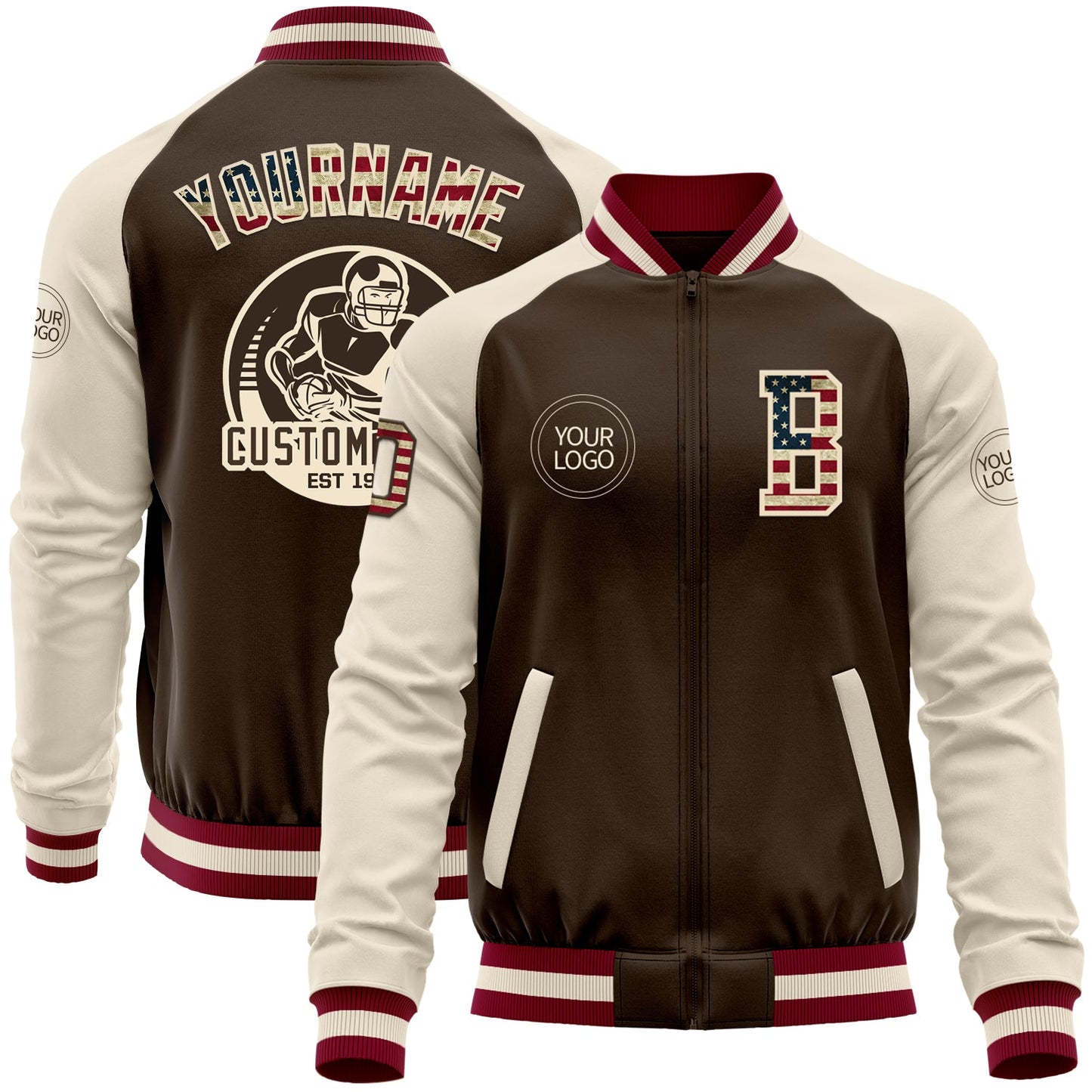 Custom Brown Vintage USA Flag Cream-Maroon Bomber Varsity Letterman Two Tone Zipper Jacket - Main View