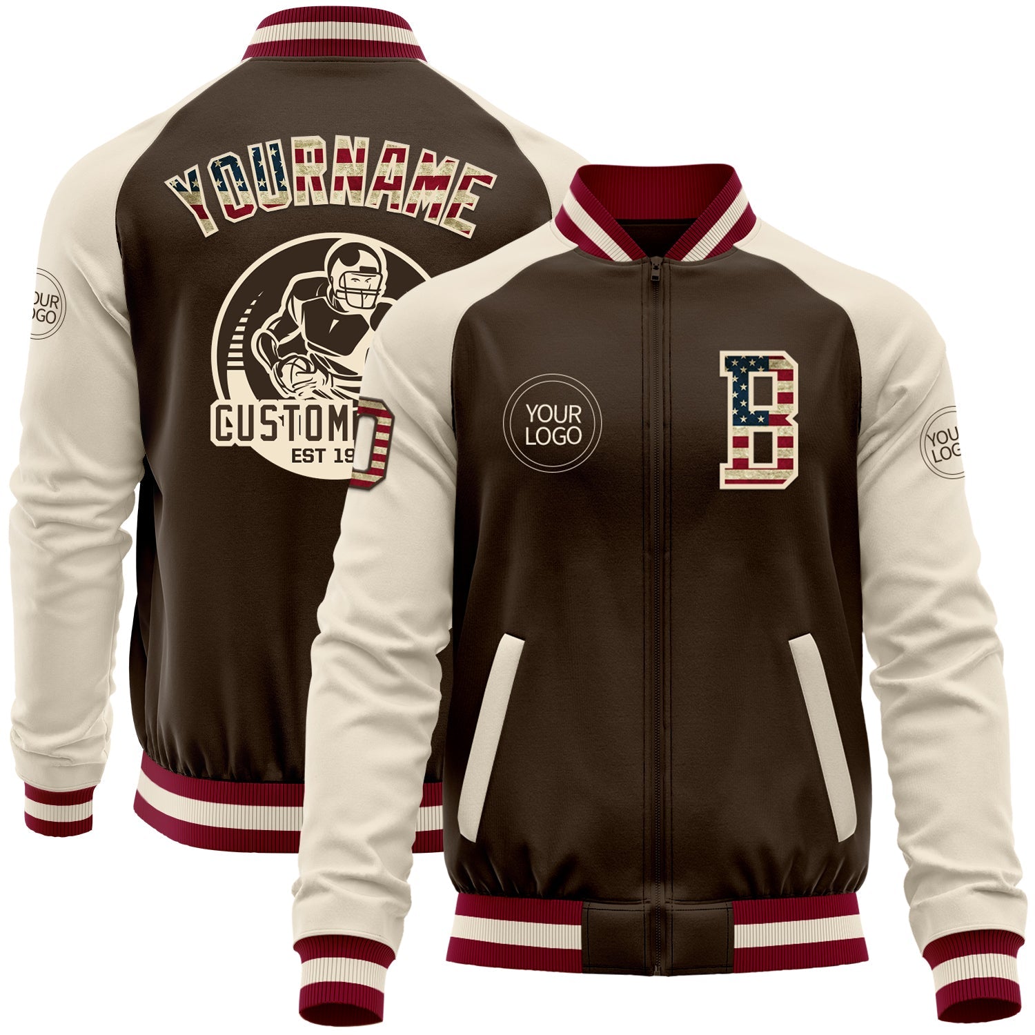 Custom Brown Vintage USA Flag Cream-Maroon Bomber Varsity Letterman Two Tone Zipper Jacket - Main View