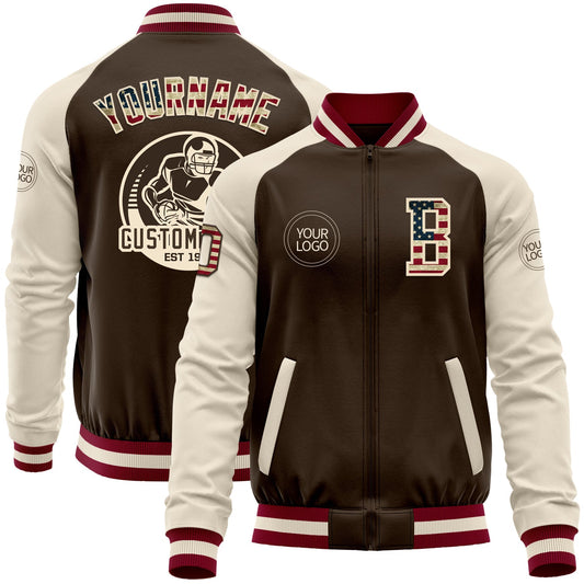 Custom Brown Vintage USA Flag Cream-Maroon Bomber Varsity Letterman Two Tone Zipper Jacket - Main View