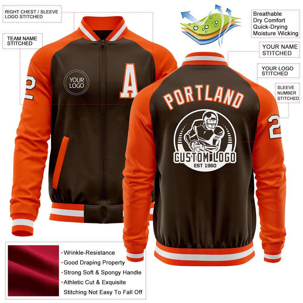 Custom Brown White-Orange Bomber Varsity Letterman Two Tone Zipper Jacket view 4