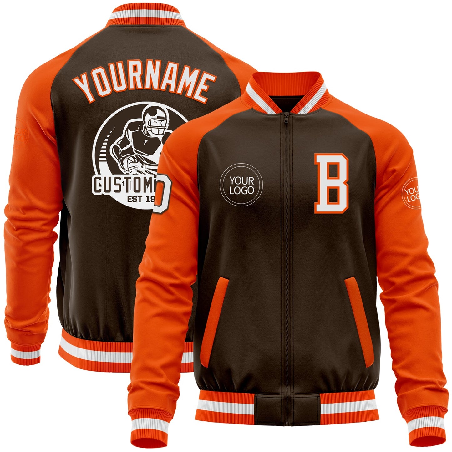 Custom Brown White-Orange Bomber Varsity Letterman Two Tone Zipper Jacket - Main View