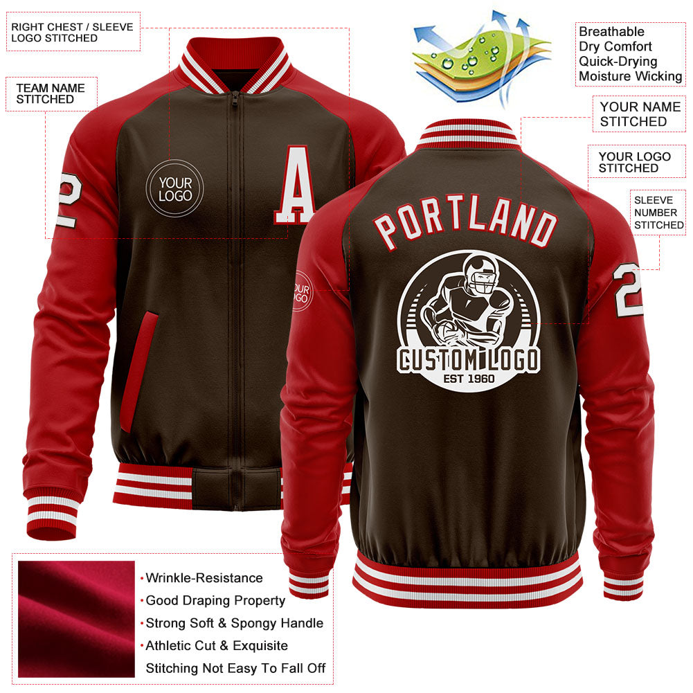 Custom Brown White-Red Bomber Varsity Letterman Two Tone Zipper Jacket view 4