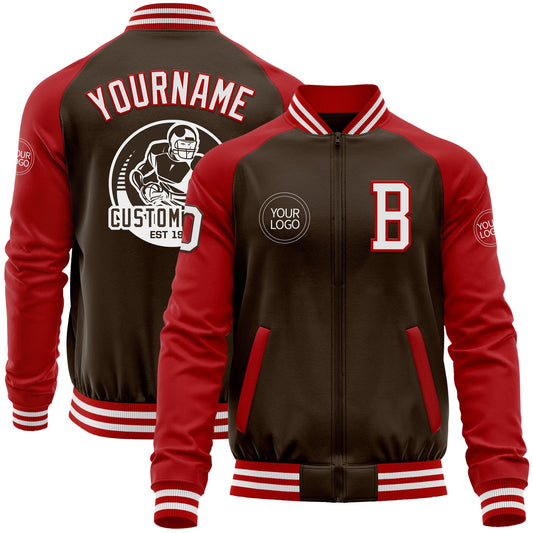 Custom Brown White-Red Bomber Varsity Letterman Two Tone Zipper Jacket - Main View