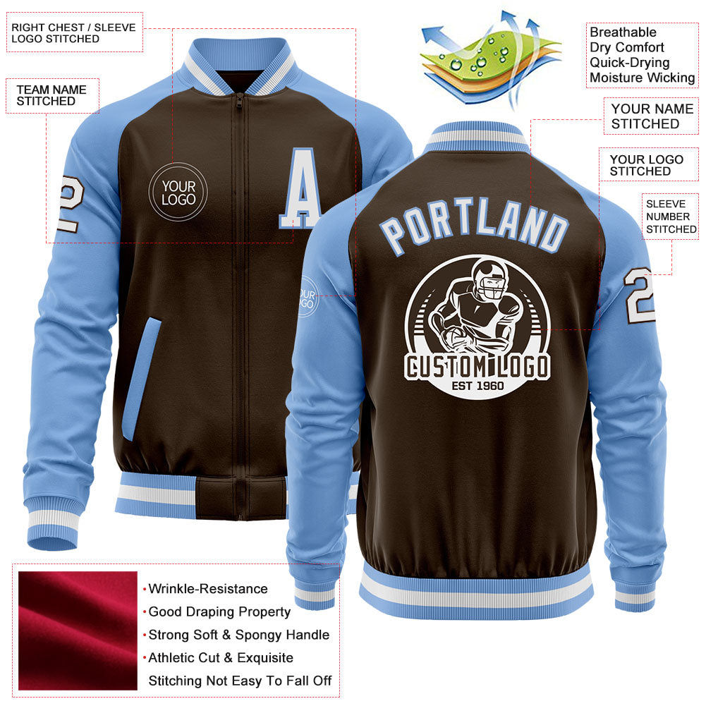 Custom Brown White-Light Blue Bomber Varsity Letterman Two Tone Zipper Jacket view 4