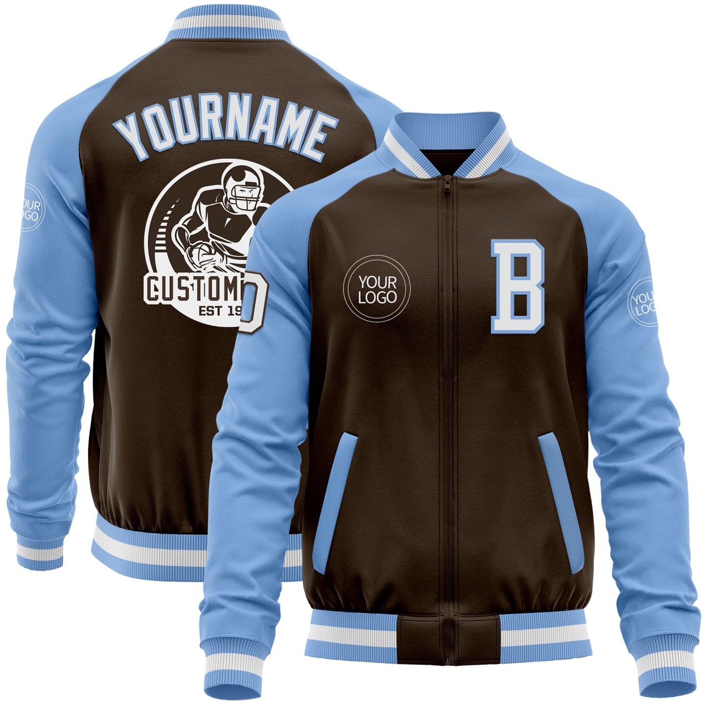 Custom Brown White-Light Blue Bomber Varsity Letterman Two Tone Zipper Jacket - Main View