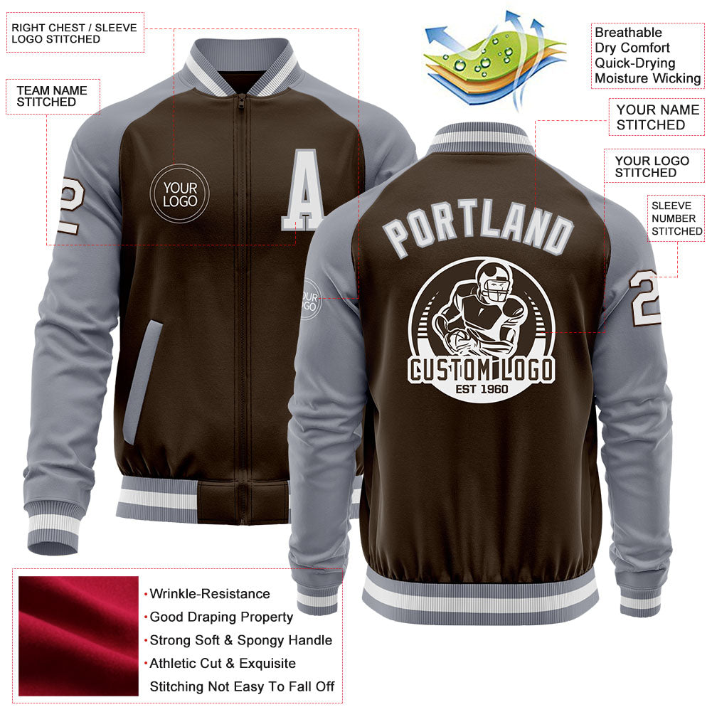 Custom Brown White-Gray Bomber Varsity Letterman Two Tone Zipper Jacket view 4