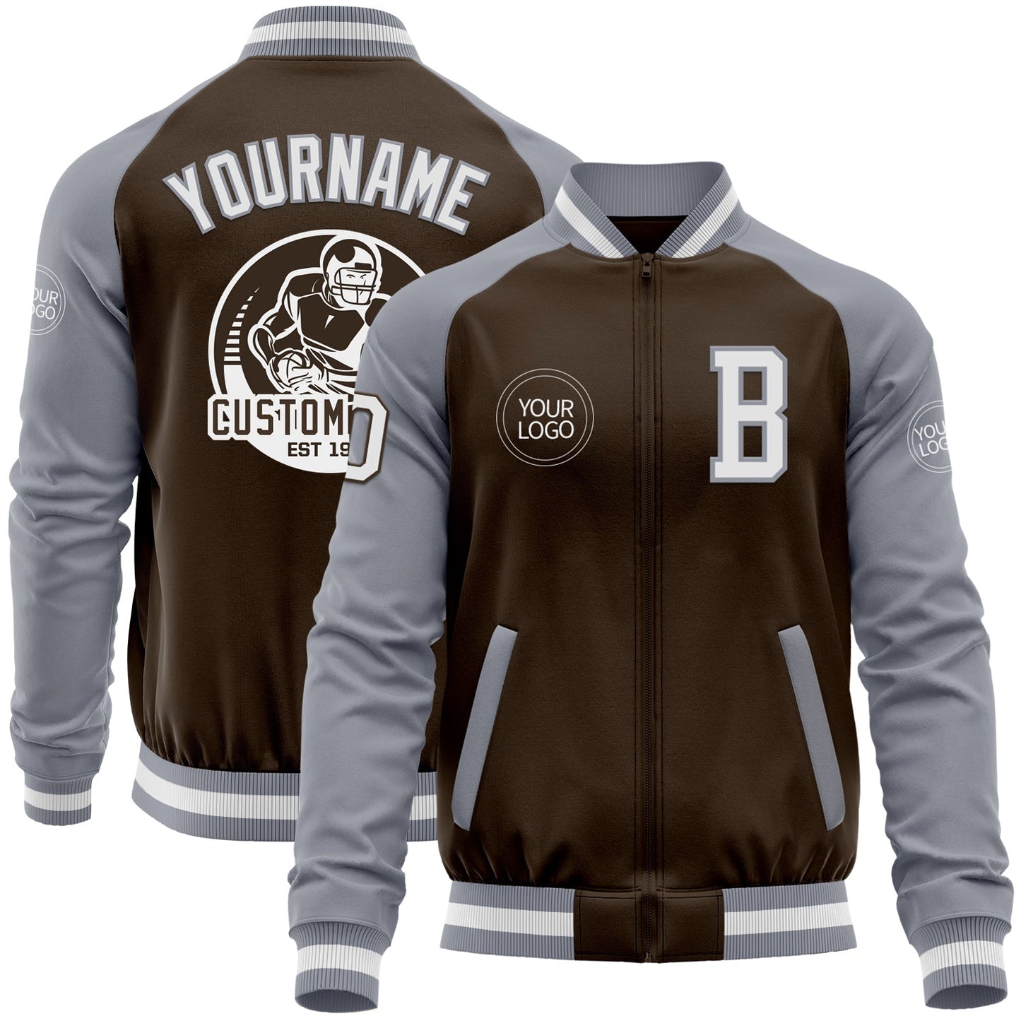 Custom Brown White-Gray Bomber Varsity Letterman Two Tone Zipper Jacket - Main View