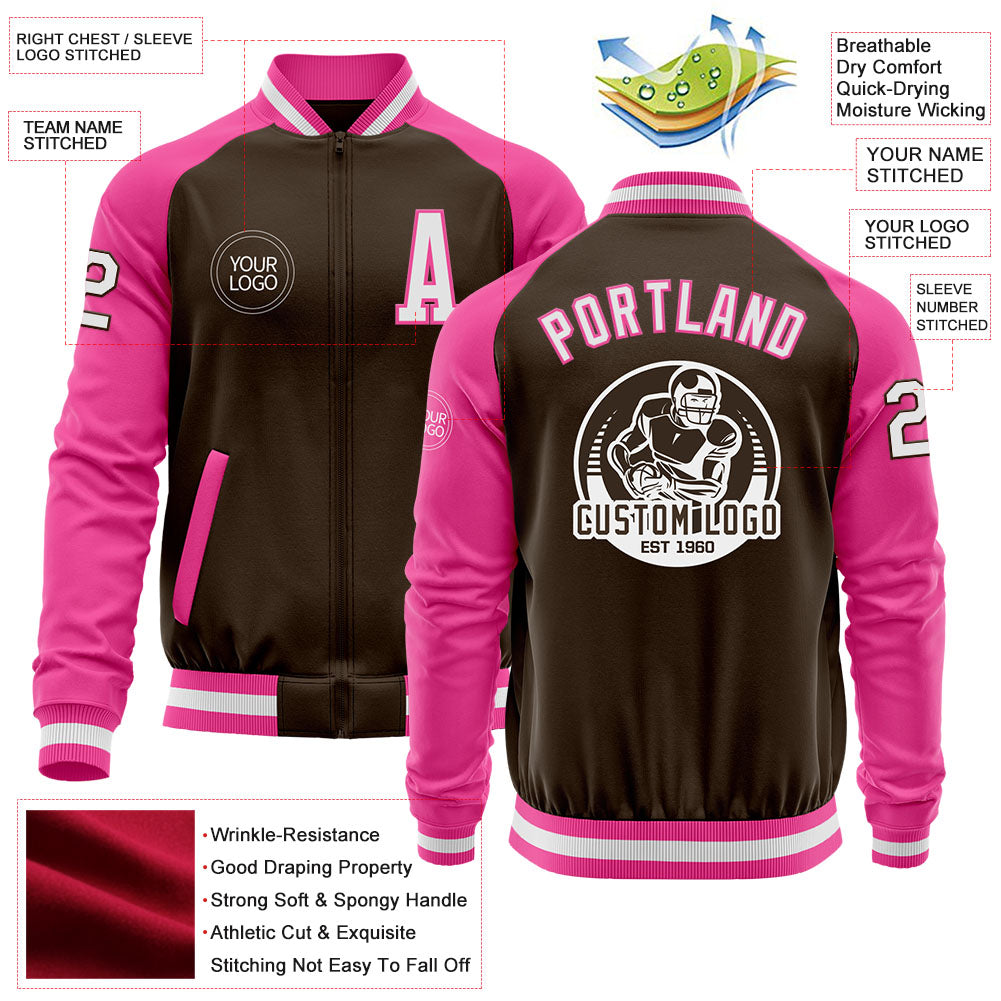 Custom Brown White-Pink Bomber Varsity Letterman Two Tone Zipper Jacket view 4