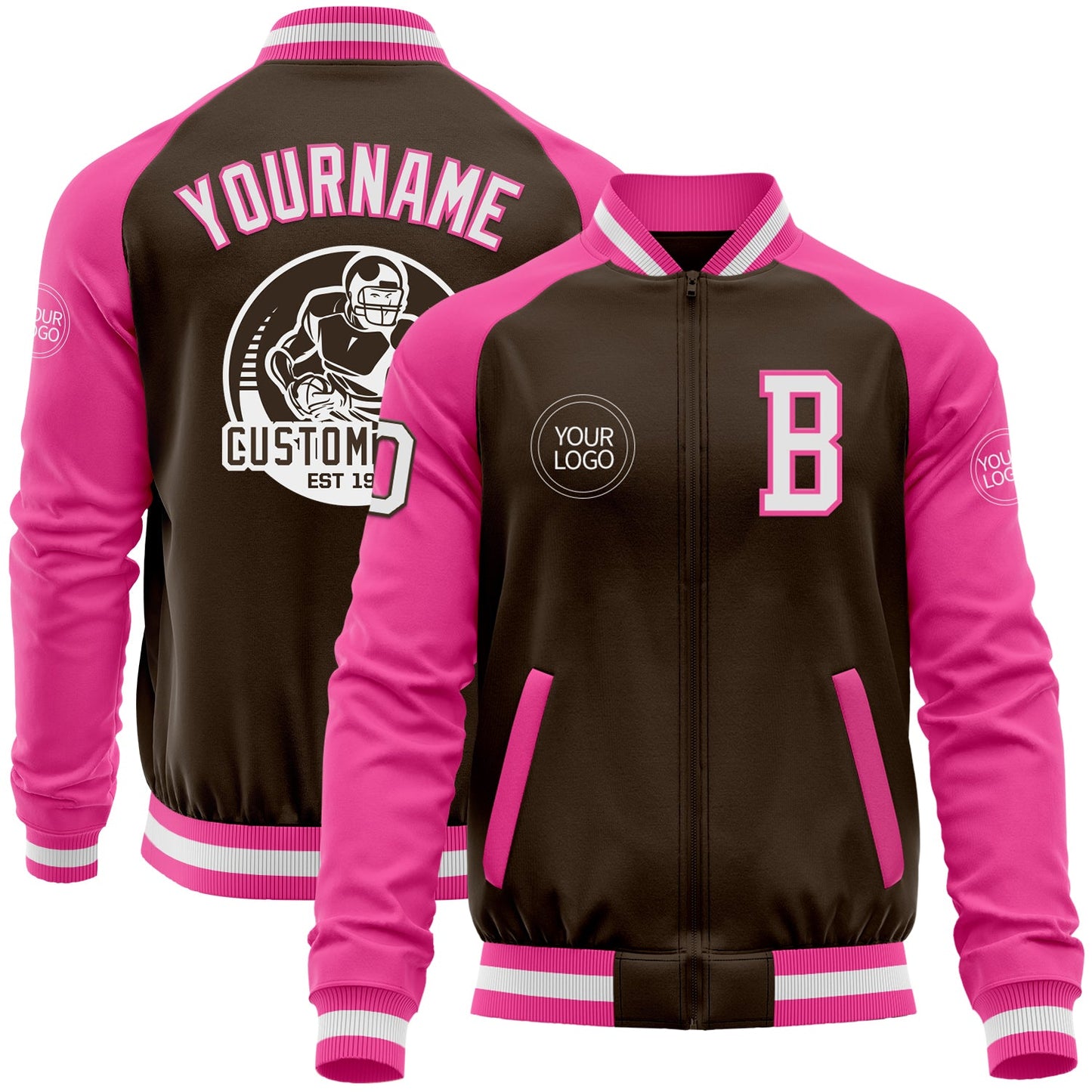 Custom Brown White-Pink Bomber Varsity Letterman Two Tone Zipper Jacket - Main View