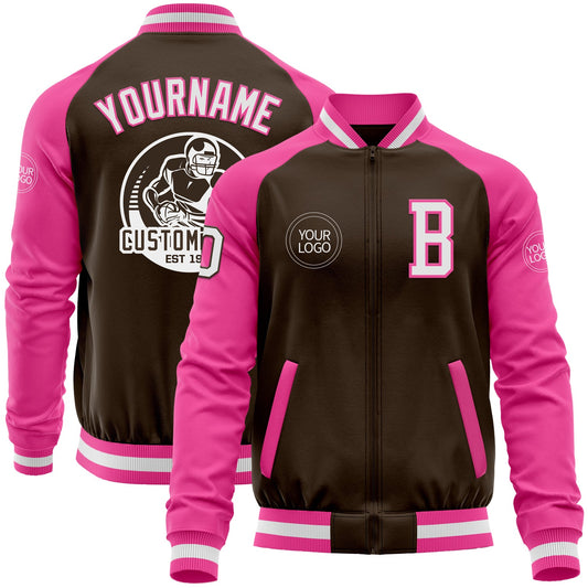Custom Brown White-Pink Bomber Varsity Letterman Two Tone Zipper Jacket - Main View