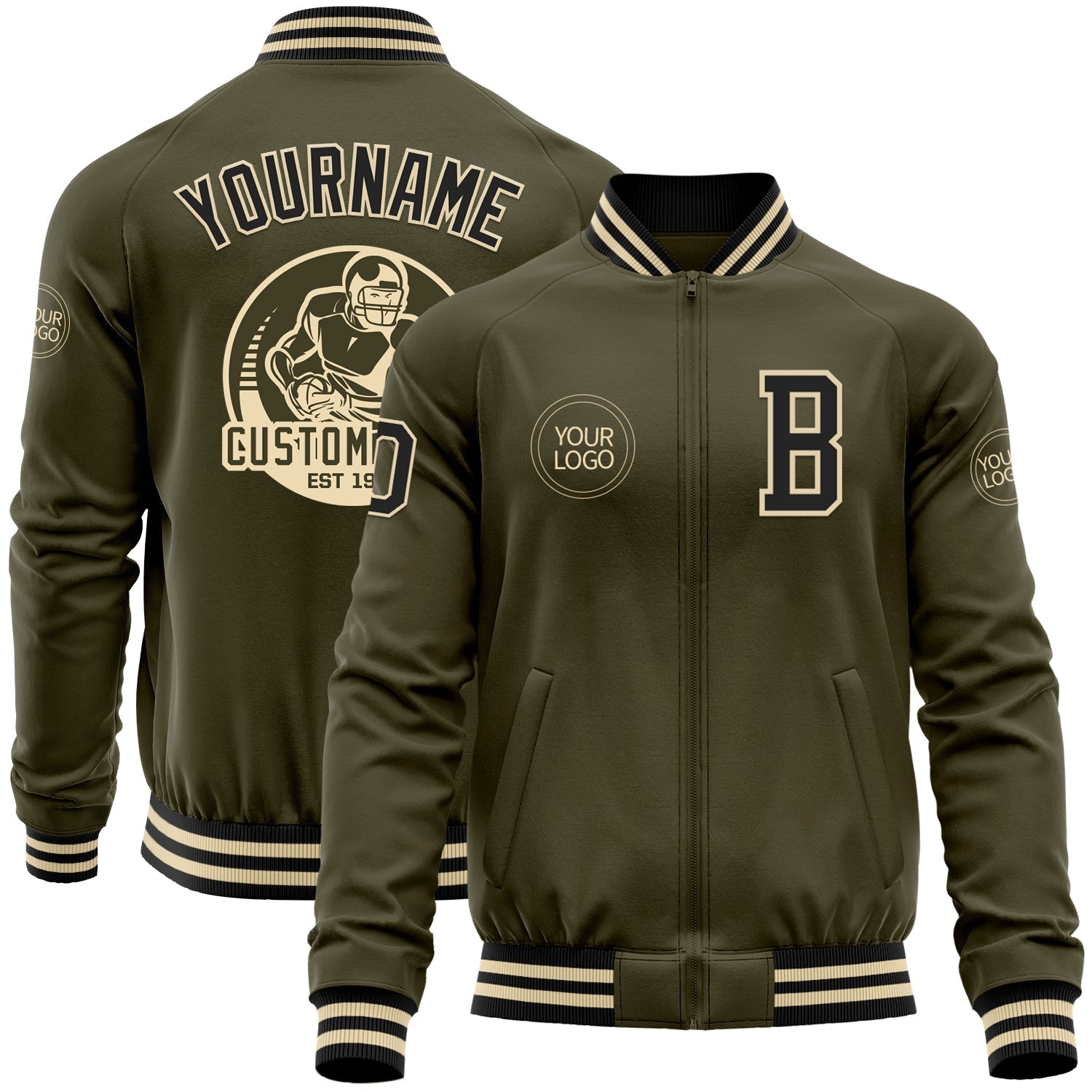 Custom Olive Black-Cream Bomber Varsity Letterman Salute To Service Zipper Jacket - Main View