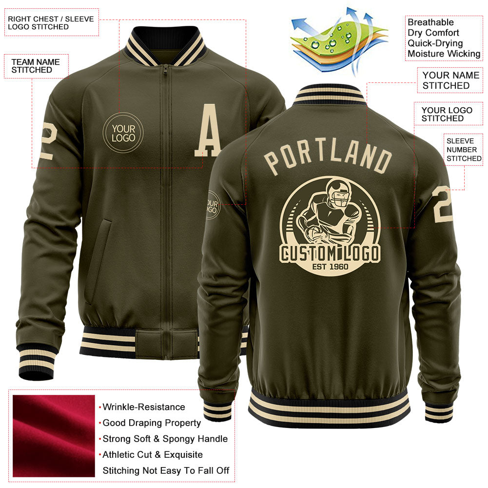 Custom Olive Cream-Black Bomber Varsity Letterman Salute To Service Zipper Jacket view 4