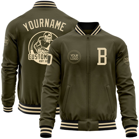 Custom Olive Cream-Black Bomber Varsity Letterman Salute To Service Zipper Jacket - Main View