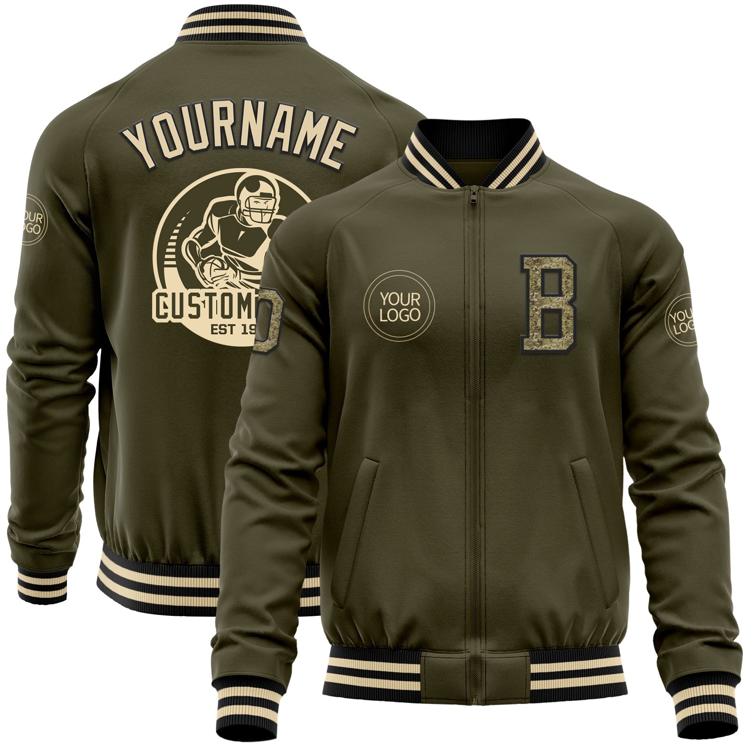 Custom Olive Camo Black-Cream Bomber Varsity Letterman Salute To Service Zipper Jacket - Main View