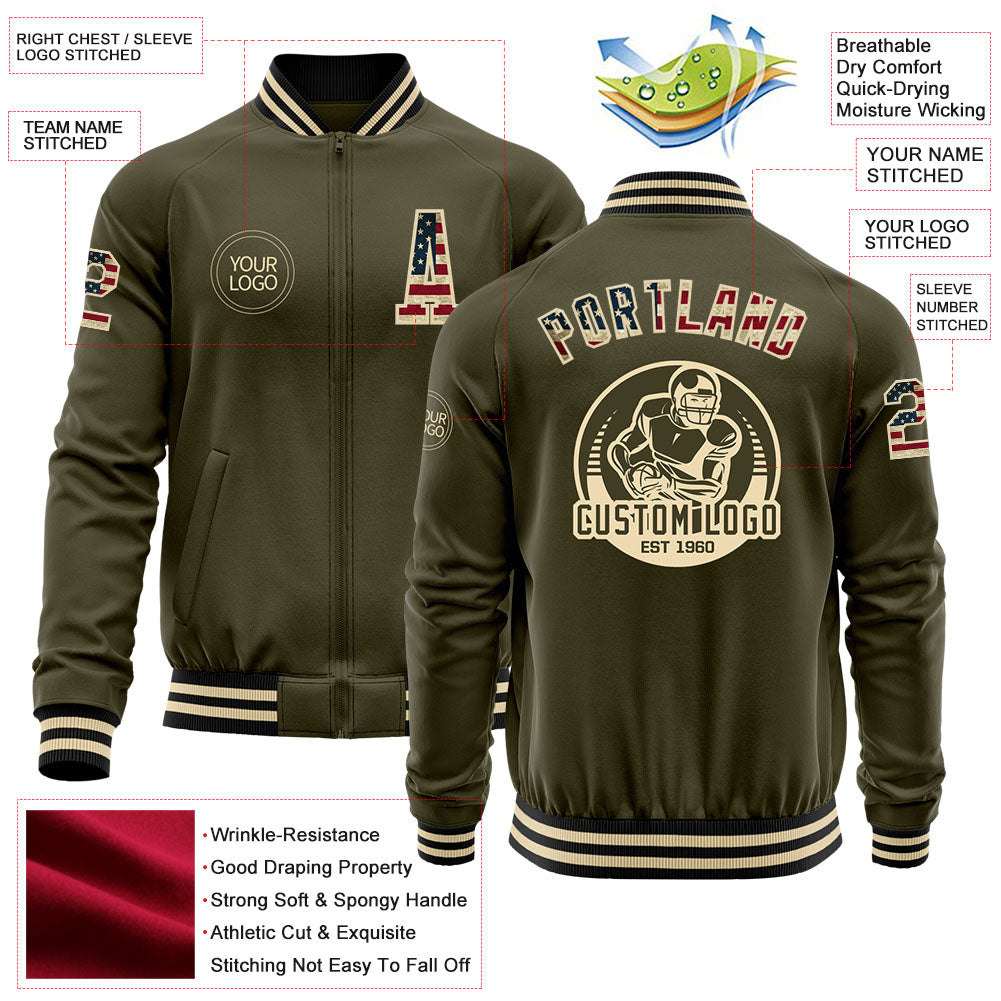 Custom Olive Vintage USA Flag Cream-Black Bomber Varsity Letterman Salute To Service Zipper Jacket view 4