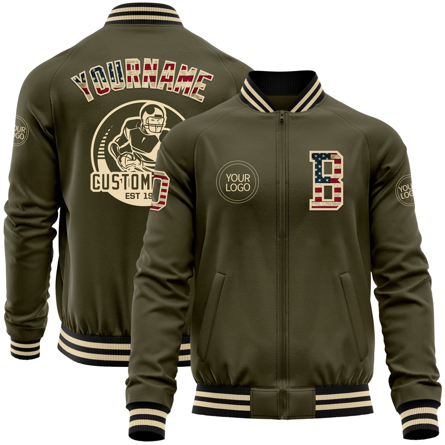 Custom Olive Vintage USA Flag Cream-Black Bomber Varsity Letterman Salute To Service Zipper Jacket - Main View