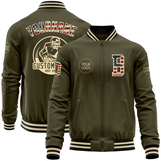 Custom Olive Vintage USA Flag Cream-Black Bomber Varsity Letterman Salute To Service Zipper Jacket - Main View