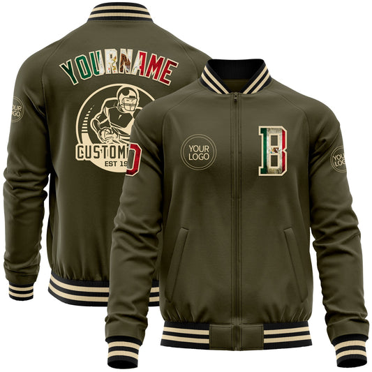 Custom Olive Vintage Mexican Flag Cream-Black Bomber Varsity Letterman Salute To Service Zipper Jacket - Main View