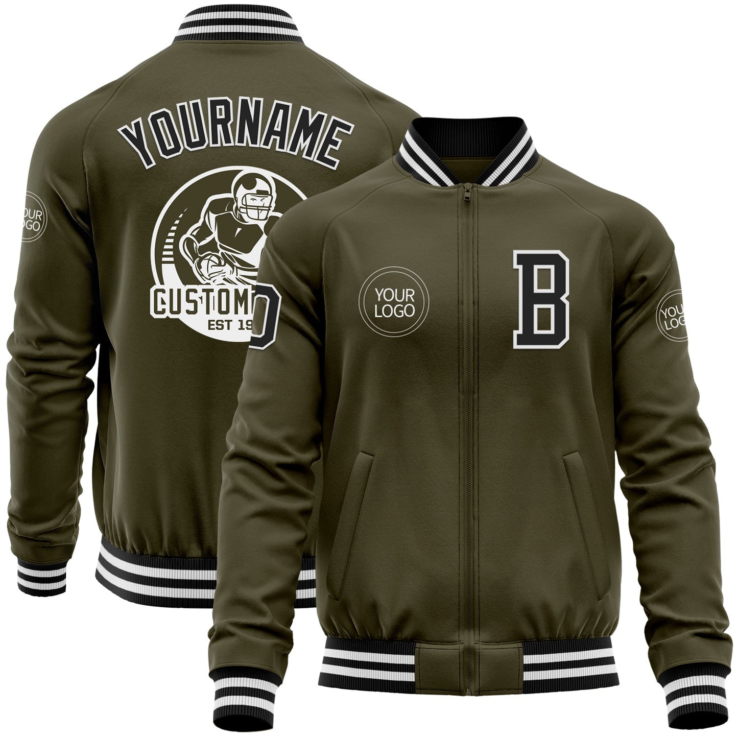 Custom Olive Black-White Bomber Varsity Letterman Salute To Service Zipper Jacket - Main View