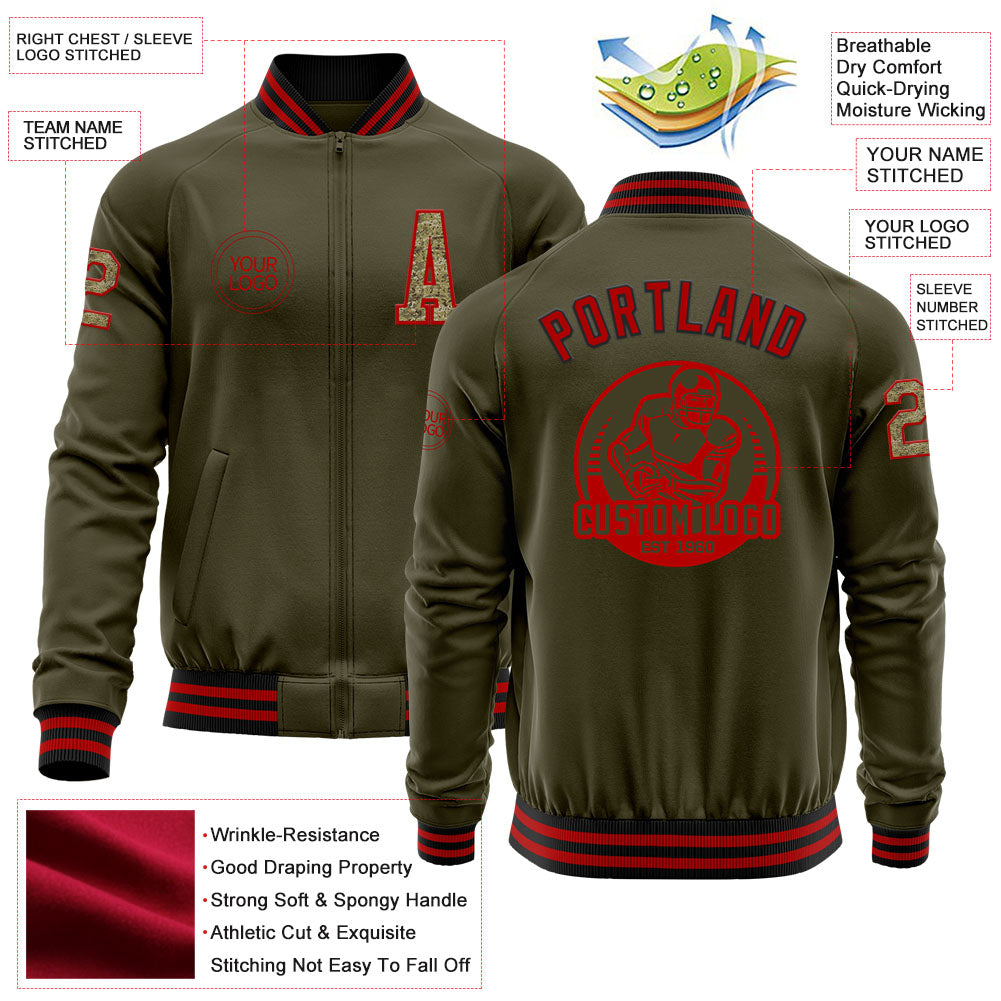 Custom Olive Camo Red-Black Bomber Varsity Letterman Salute To Service Zipper Jacket view 4