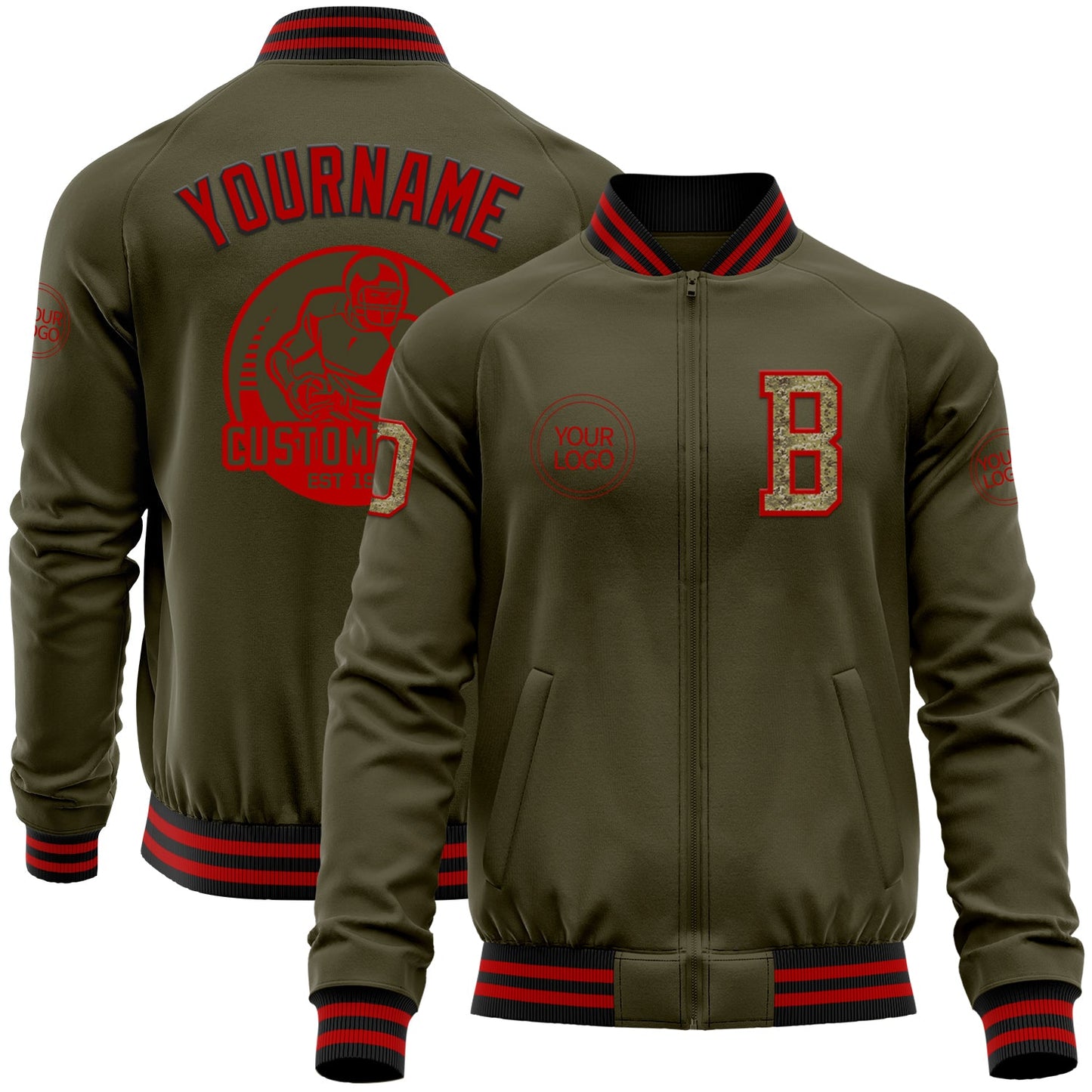 Custom Olive Camo Red-Black Bomber Varsity Letterman Salute To Service Zipper Jacket - Main View