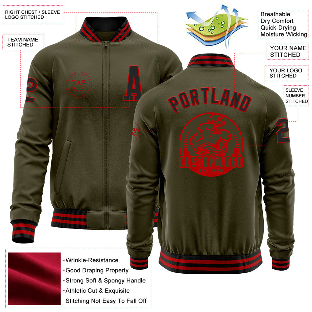 Custom Olive Black-Red Bomber Varsity Letterman Salute To Service Zipper Jacket view 4