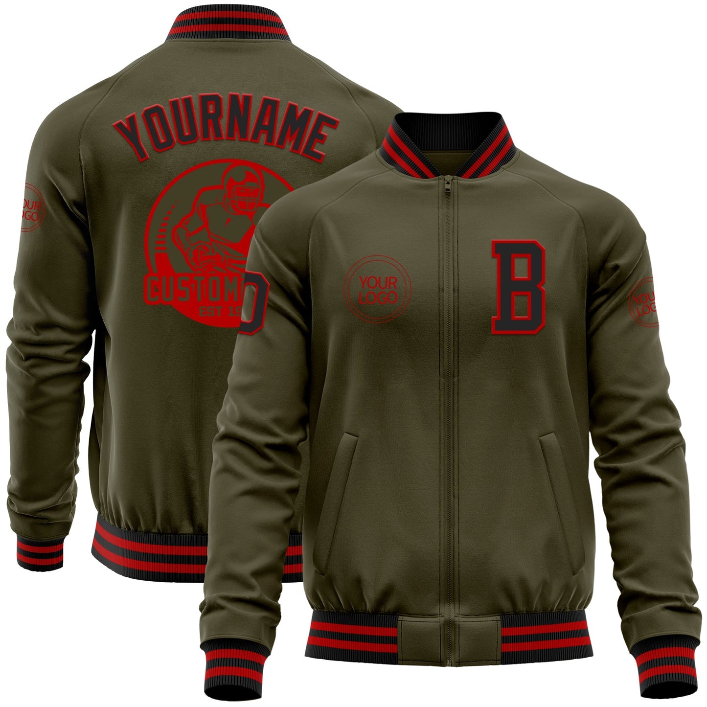 Custom Olive Black-Red Bomber Varsity Letterman Salute To Service Zipper Jacket - Main View