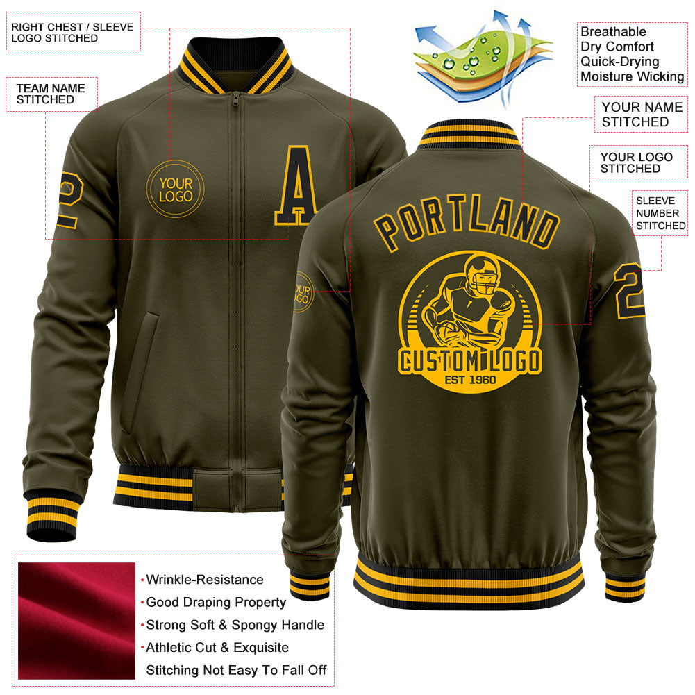 Custom Olive Black-Gold Bomber Varsity Letterman Salute To Service Zipper Jacket view 4