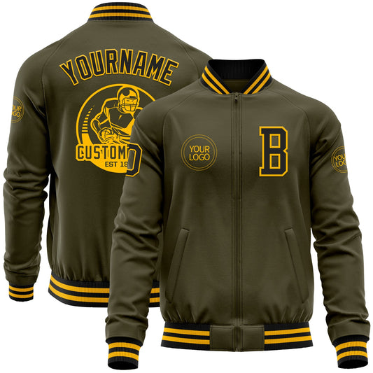 Custom Olive Black-Gold Bomber Varsity Letterman Salute To Service Zipper Jacket - Main View