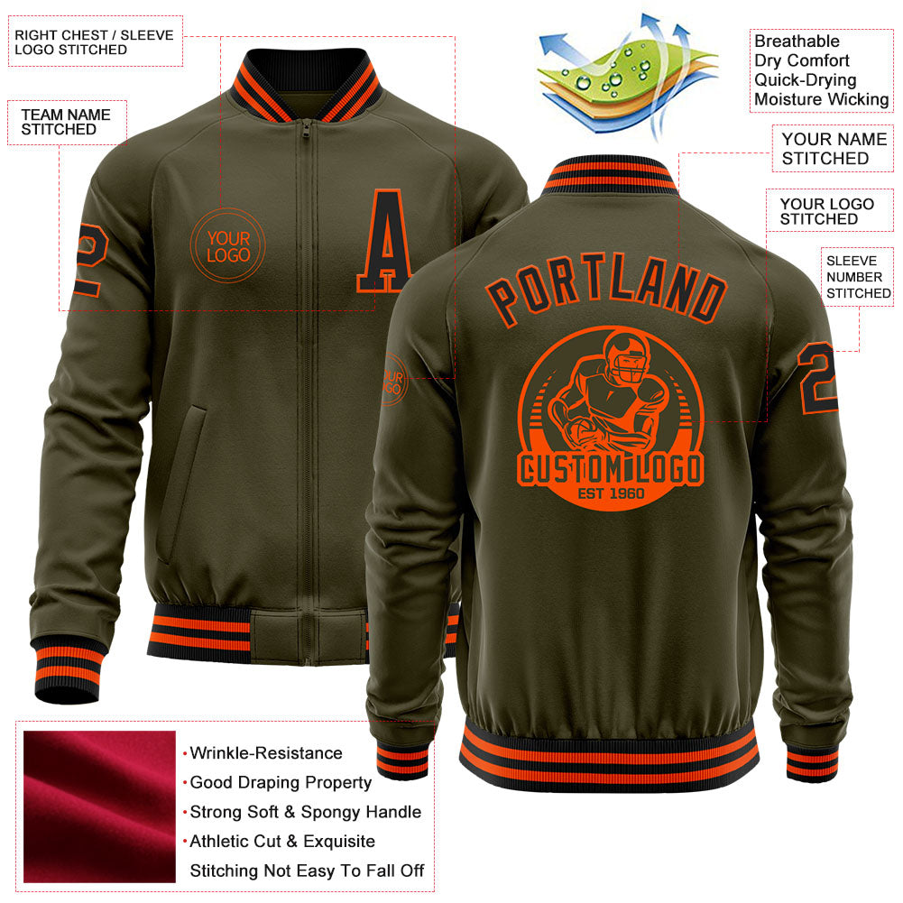 Custom Olive Black-Orange Bomber Varsity Letterman Salute To Service Zipper Jacket view 4