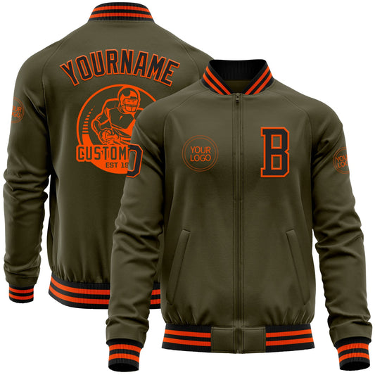 Custom Olive Black-Orange Bomber Varsity Letterman Salute To Service Zipper Jacket - Main View