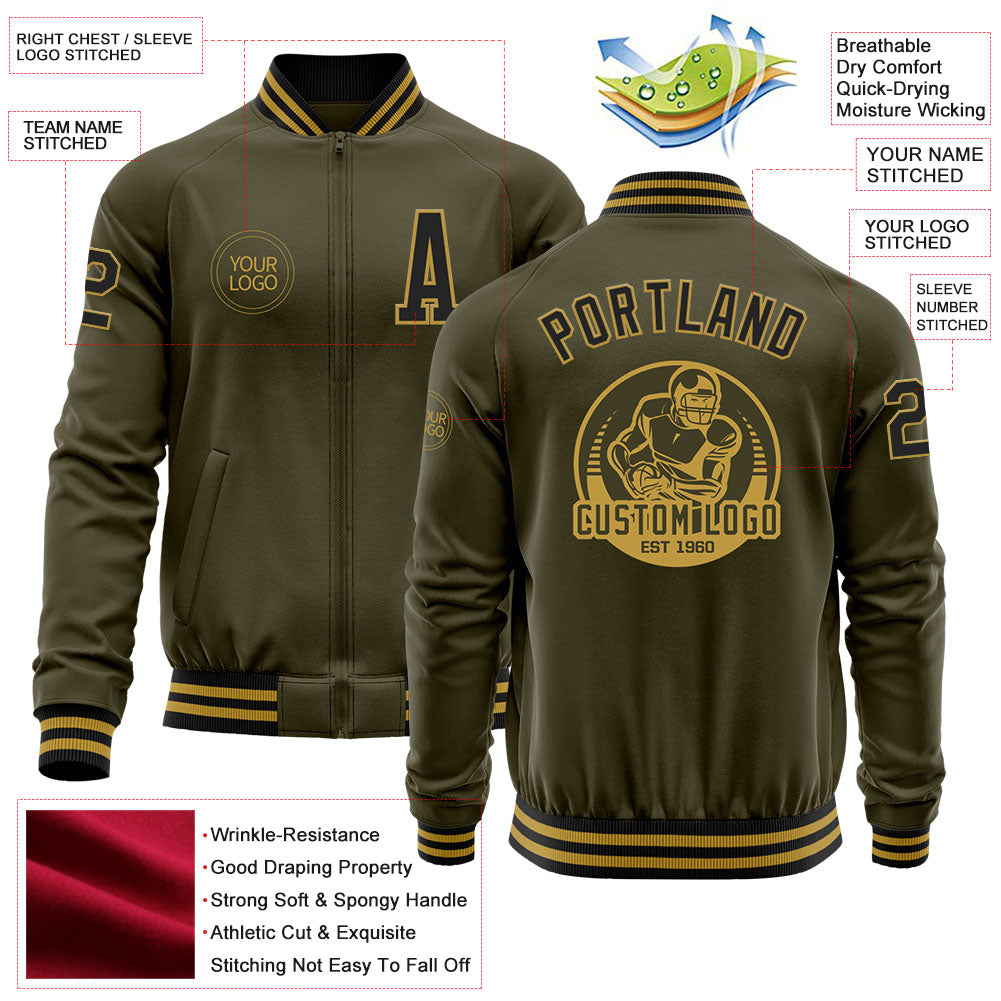 Custom Olive Black-Old Gold Bomber Varsity Letterman Salute To Service Zipper Jacket view 4