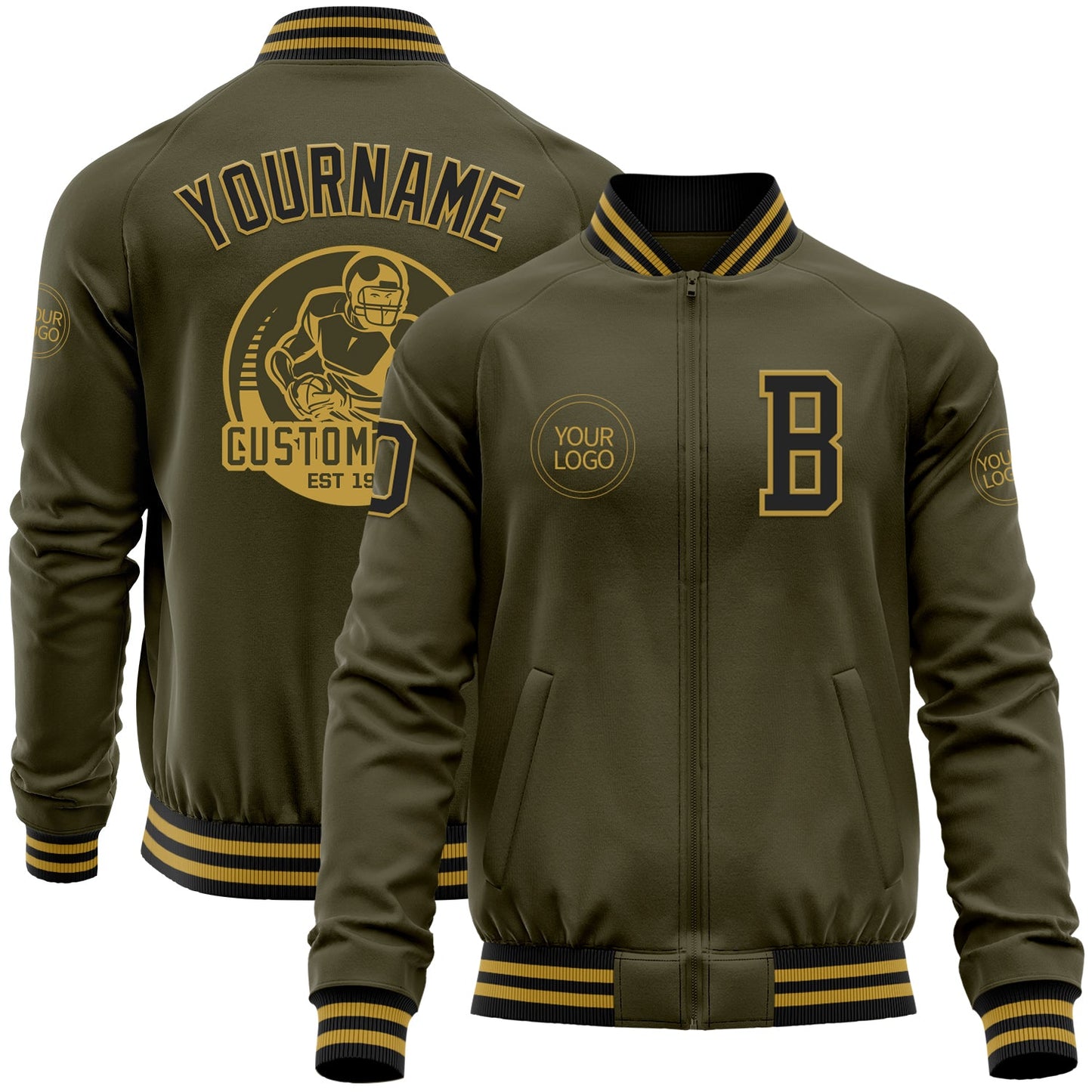 Custom Olive Black-Old Gold Bomber Varsity Letterman Salute To Service Zipper Jacket - Main View