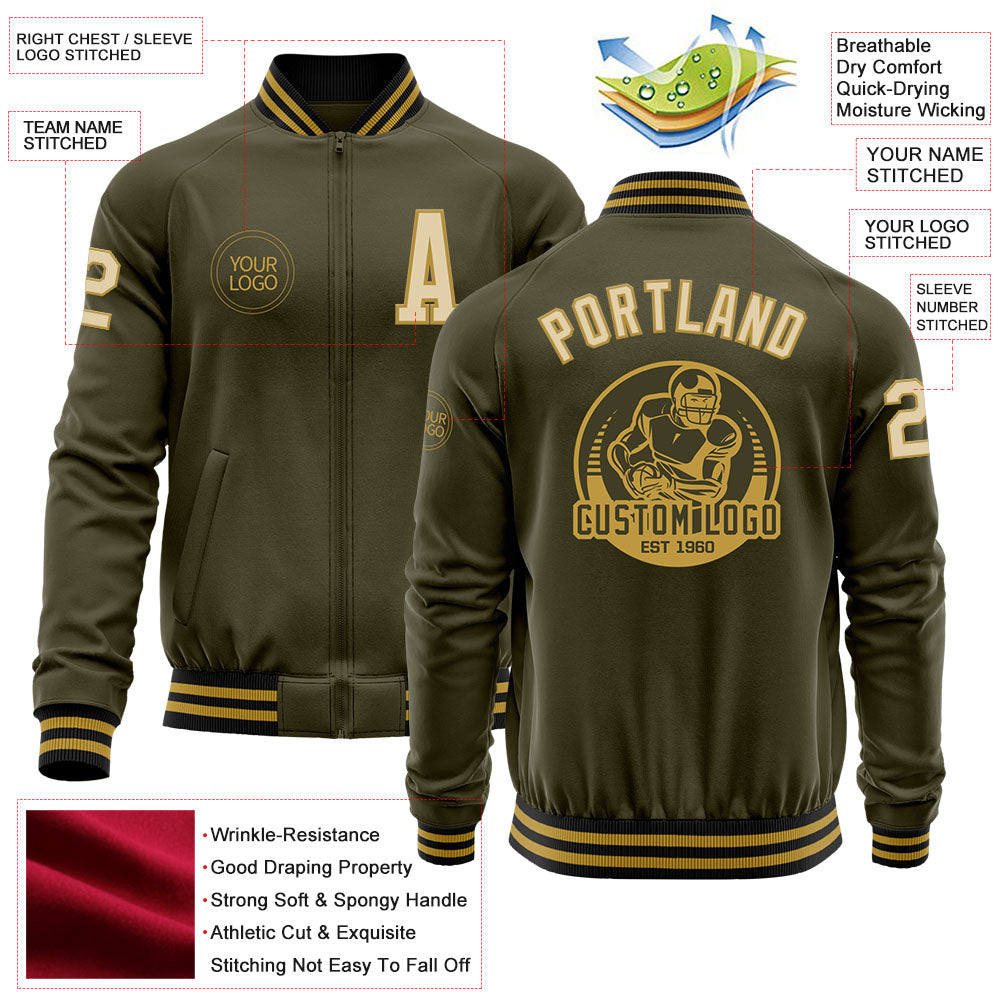 Custom Olive Cream Old Gold-Black Bomber Varsity Letterman Salute To Service Zipper Jacket view 4