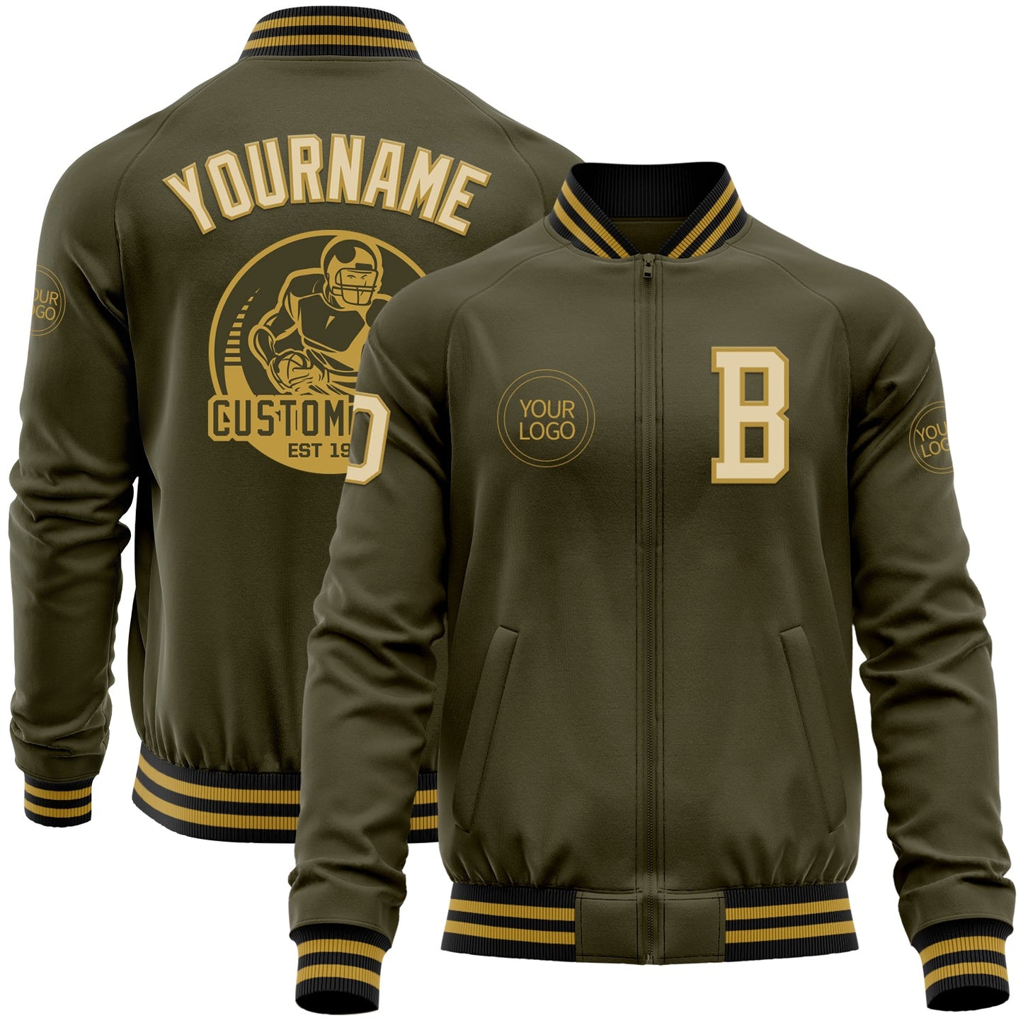 Custom Olive Cream Old Gold-Black Bomber Varsity Letterman Salute To Service Zipper Jacket - Main View