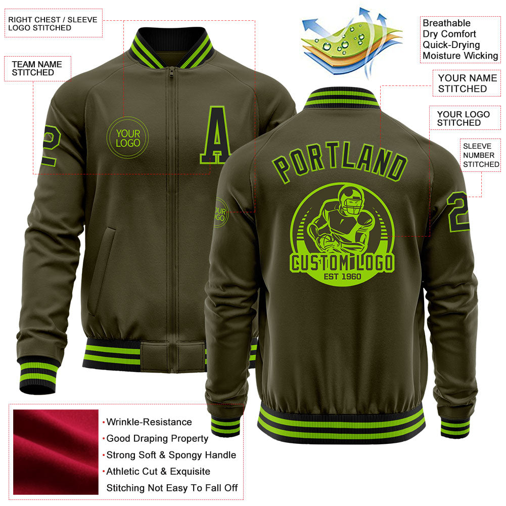 Custom Olive Black-Neon Green Bomber Varsity Letterman Salute To Service Zipper Jacket view 4