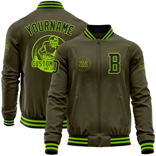 Custom Olive Black-Neon Green Bomber Varsity Letterman Salute To Service Zipper Jacket - Main View
