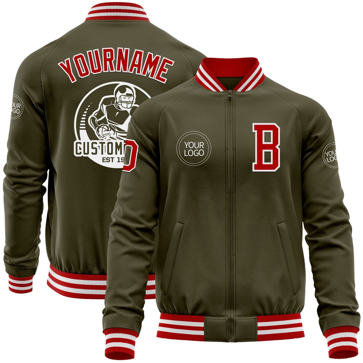 Custom Olive Red-White Bomber Varsity Letterman Salute To Service Zipper Jacket - Main View