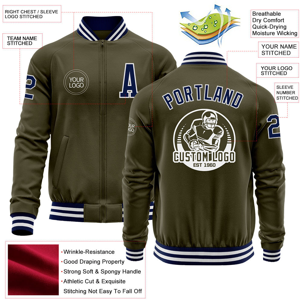 Custom Olive Navy-White Bomber Varsity Letterman Salute To Service Zipper Jacket view 4