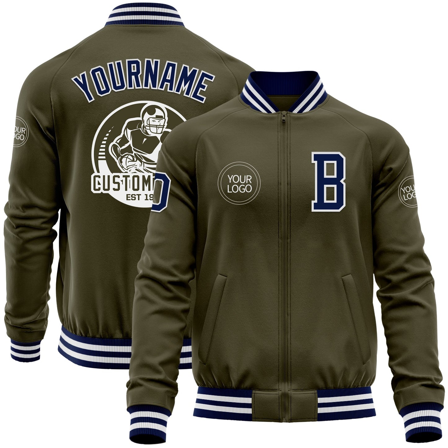 Custom Olive Navy-White Bomber Varsity Letterman Salute To Service Zipper Jacket - Main View