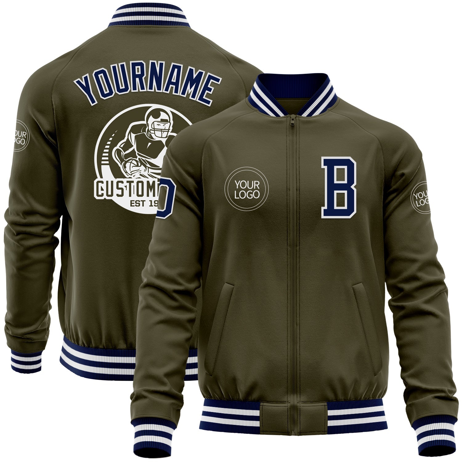 Custom Olive Navy-White Bomber Varsity Letterman Salute To Service Zipper Jacket - Main View