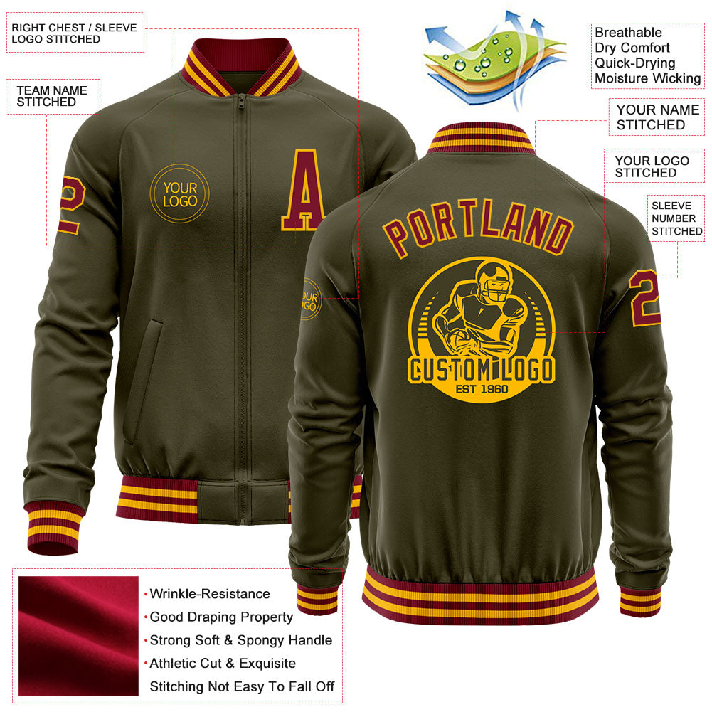Custom Olive Crimson-Gold Bomber Varsity Letterman Salute To Service Zipper Jacket view 4