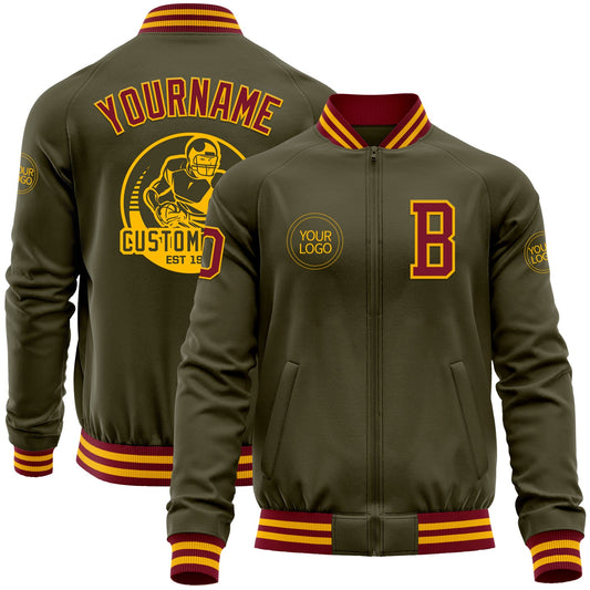 Custom Olive Crimson-Gold Bomber Varsity Letterman Salute To Service Zipper Jacket - Main View