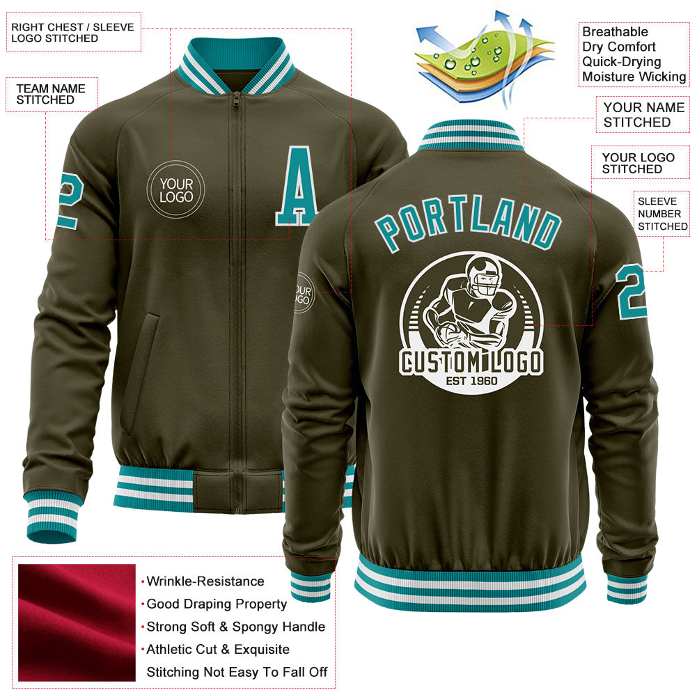 Custom Olive Teal-White Bomber Varsity Letterman Salute To Service Zipper Jacket view 4