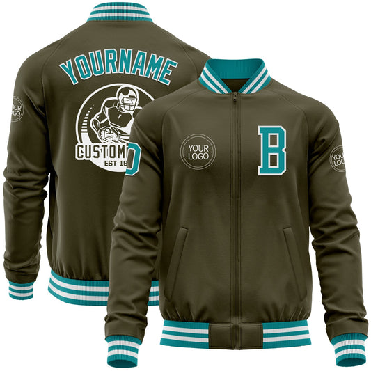 Custom Olive Teal-White Bomber Varsity Letterman Salute To Service Zipper Jacket - Main View