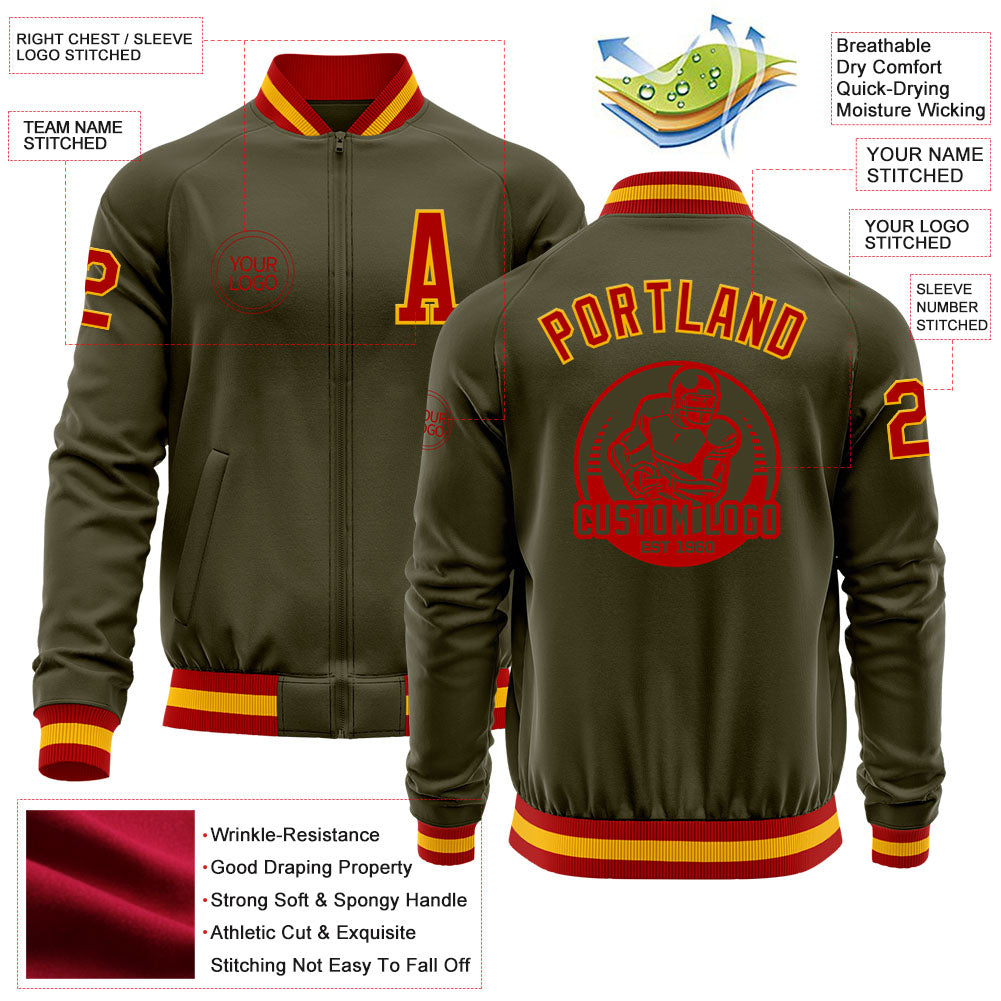 Custom Olive Red-Gold Bomber Varsity Letterman Salute To Service Zipper Jacket view 4
